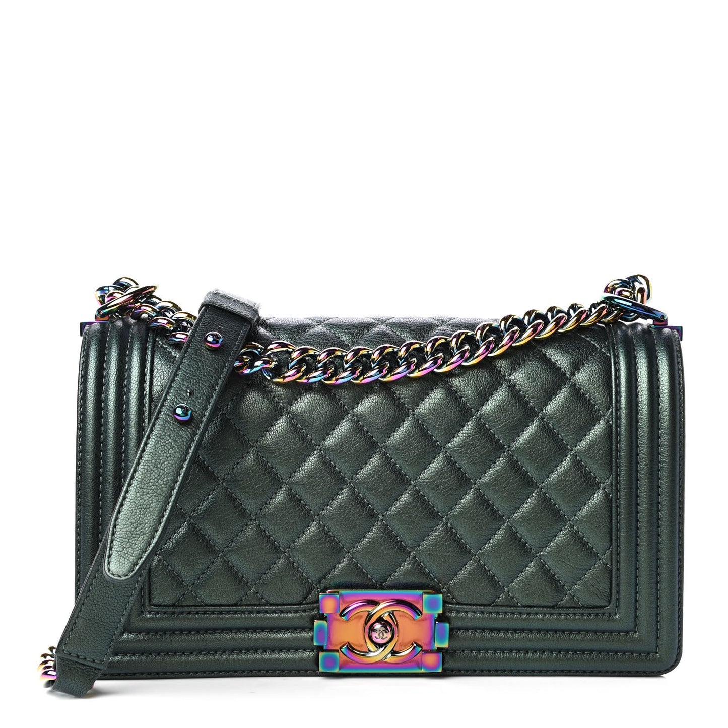 Iridescent Goatskin Quilted Medium Boy Flap Green