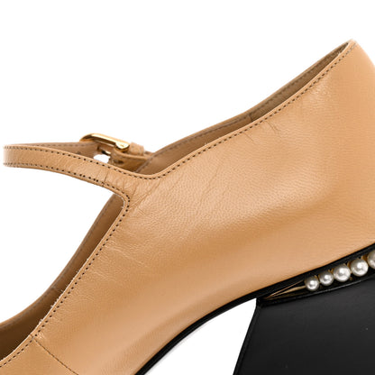 Chanel Shiny Goatskin Pearls Cap Toe Open Slingback Pumps 40 Beige Black 12 of 12
