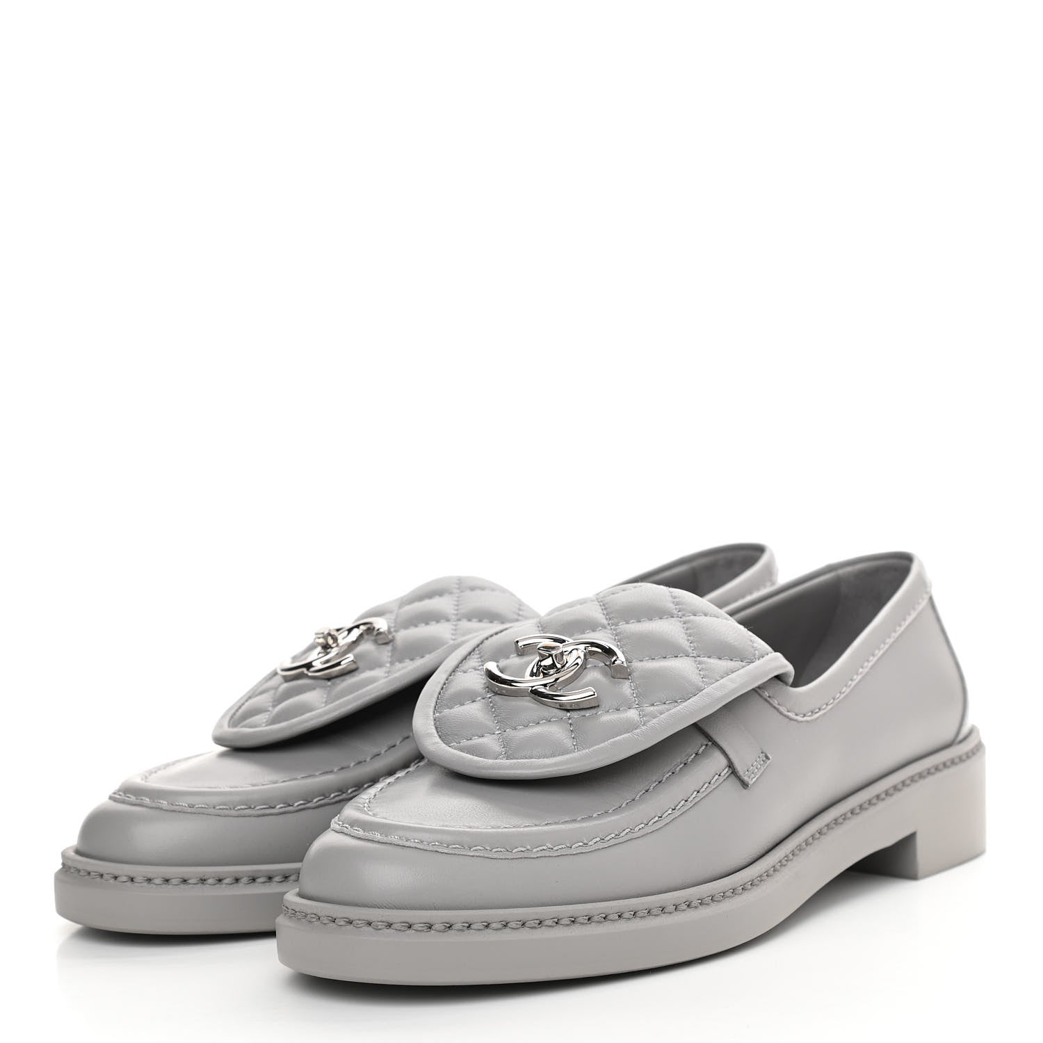 Chanel Lambskin Quilted CC Turnlock Loafers 37 Grey 3 of 9