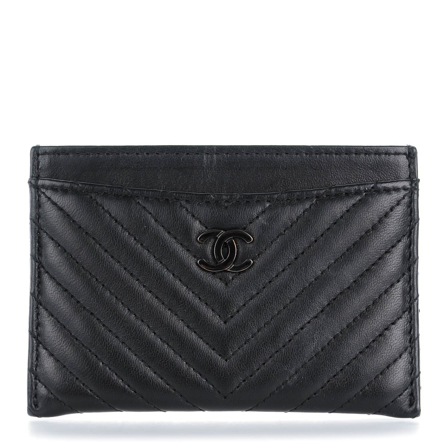 Lambskin Chevron Quilted Card Holder Black
