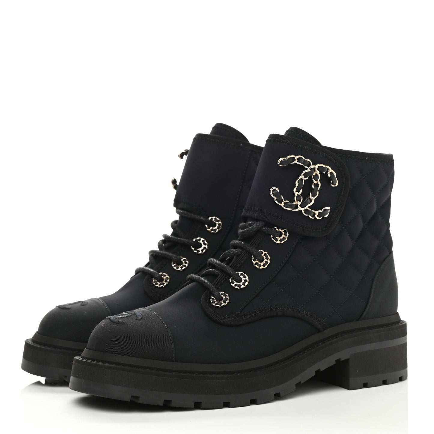 Fabric Grosgrain Quilted Cap Toe Lace Up Combat Boots 35.5