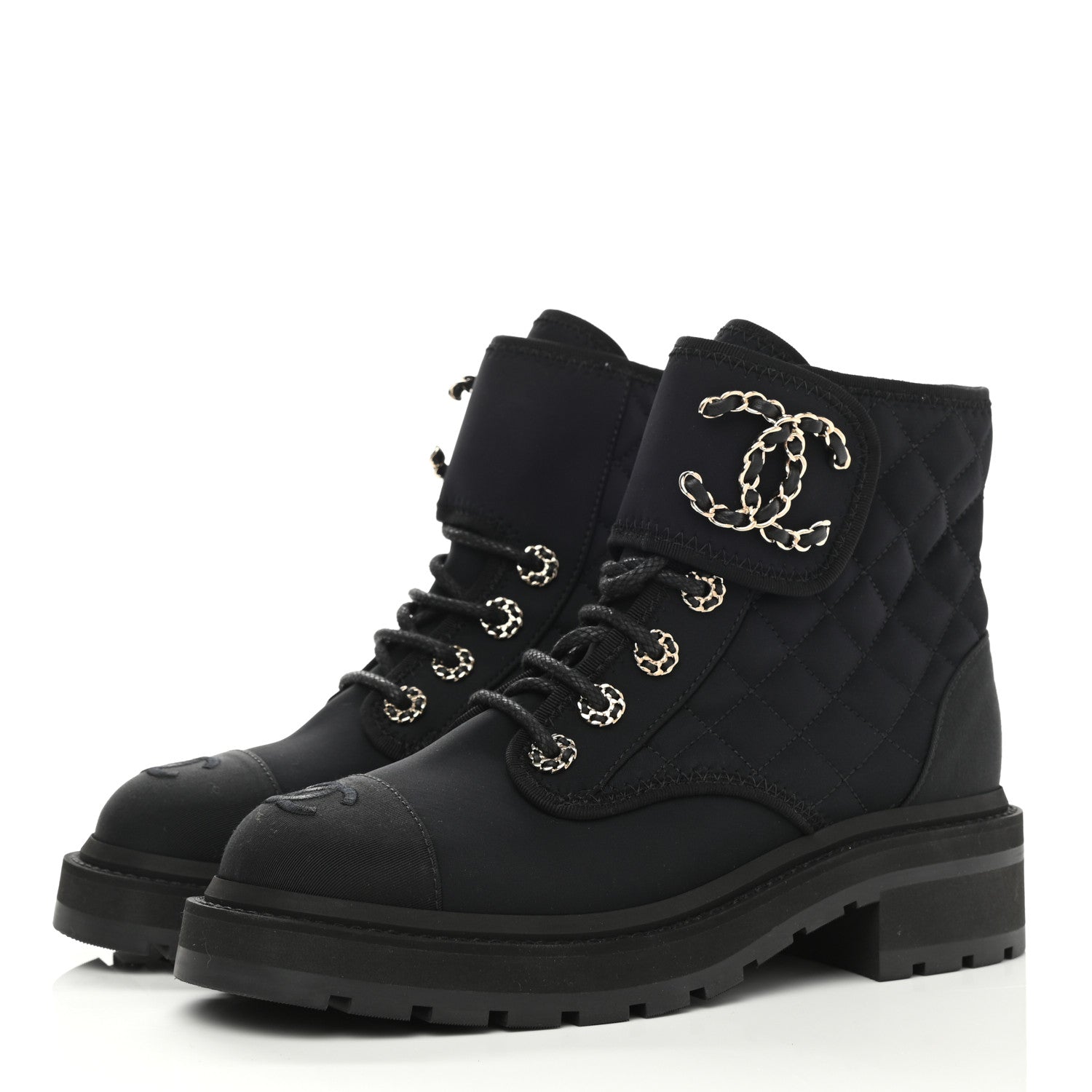 Chanel Fabric Grosgrain Quilted Cap Toe Lace Up Combat Boots 35.5 3 of 8
