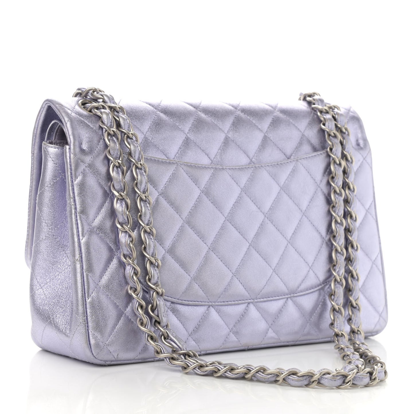 Metallic Lambskin Quilted Jumbo Double Flap Light Purple