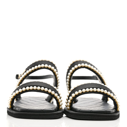 Chanel Satin Pearl Quilted Flat Sandals 41 Black 2 of 8