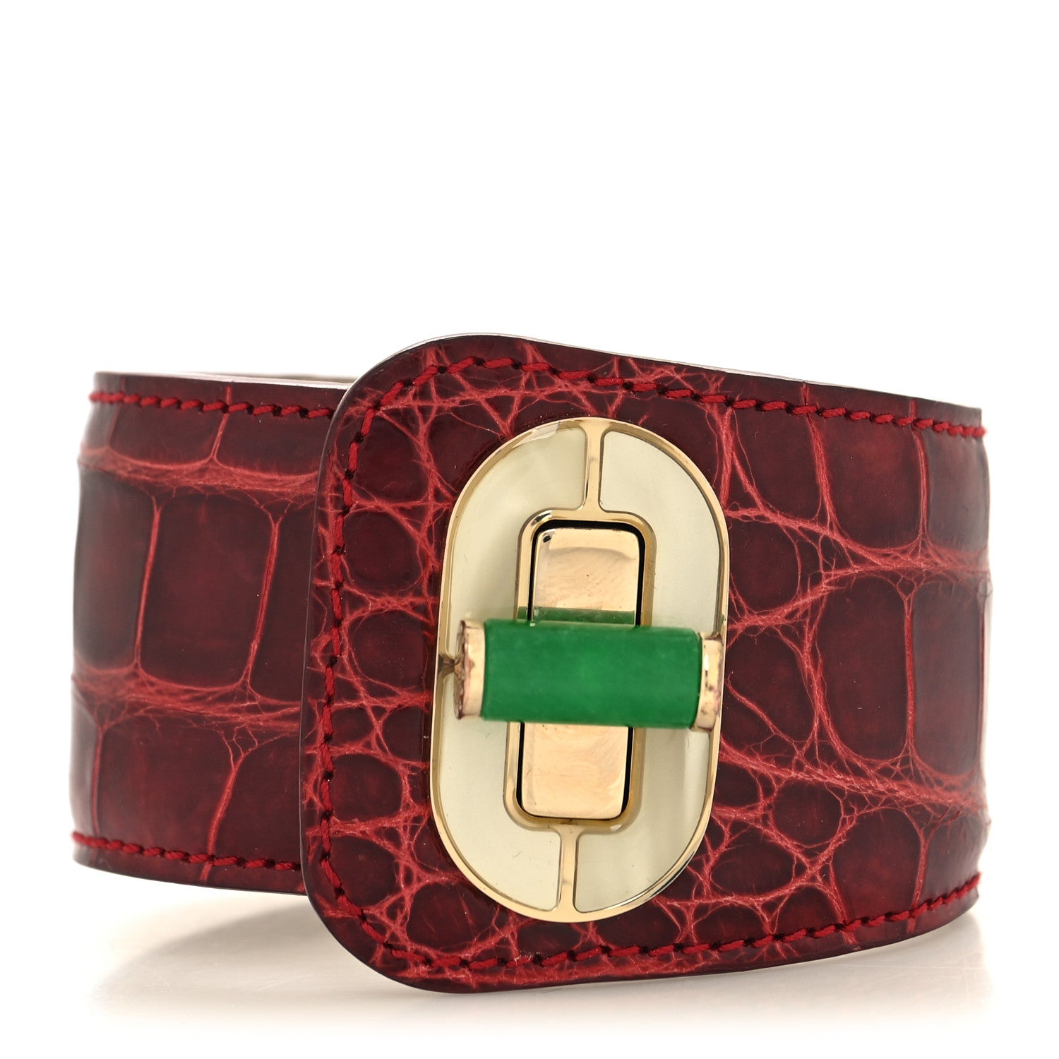 Bulgari Shiny Alligator Mother Of Pearl Jade Cuff Bracelet Red 1 of 5