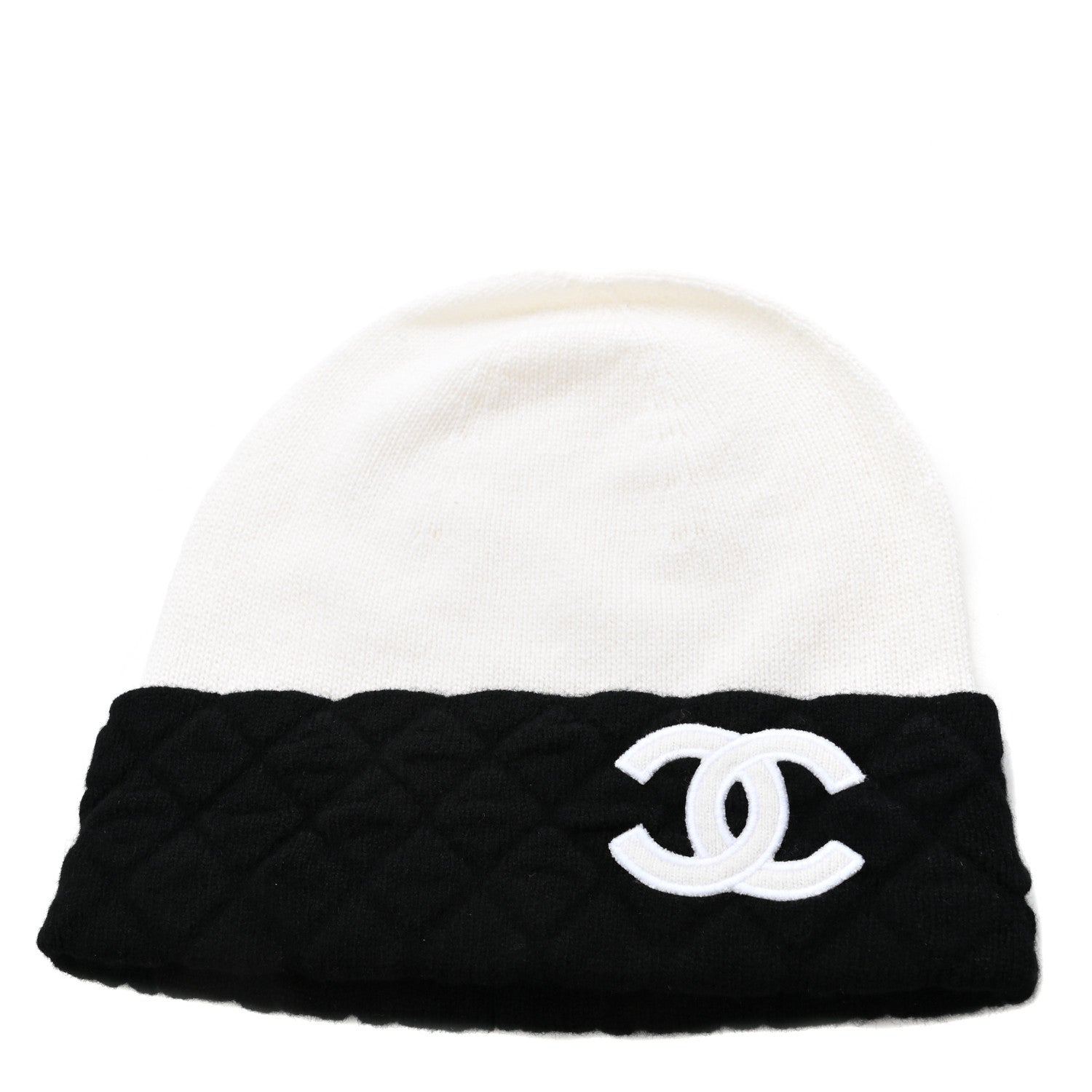 Chanel Cashmere Quilted CC Beanie Hat White Black 1 of 4