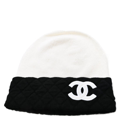 Chanel Cashmere Quilted CC Beanie Hat White Black 1 of 4