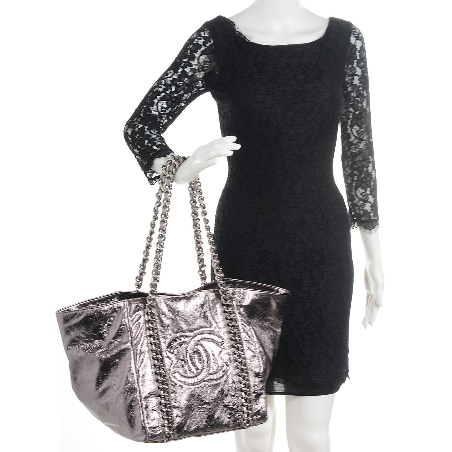 Metallic Cracked Calfskin Modern Chain Tote Dark Silver