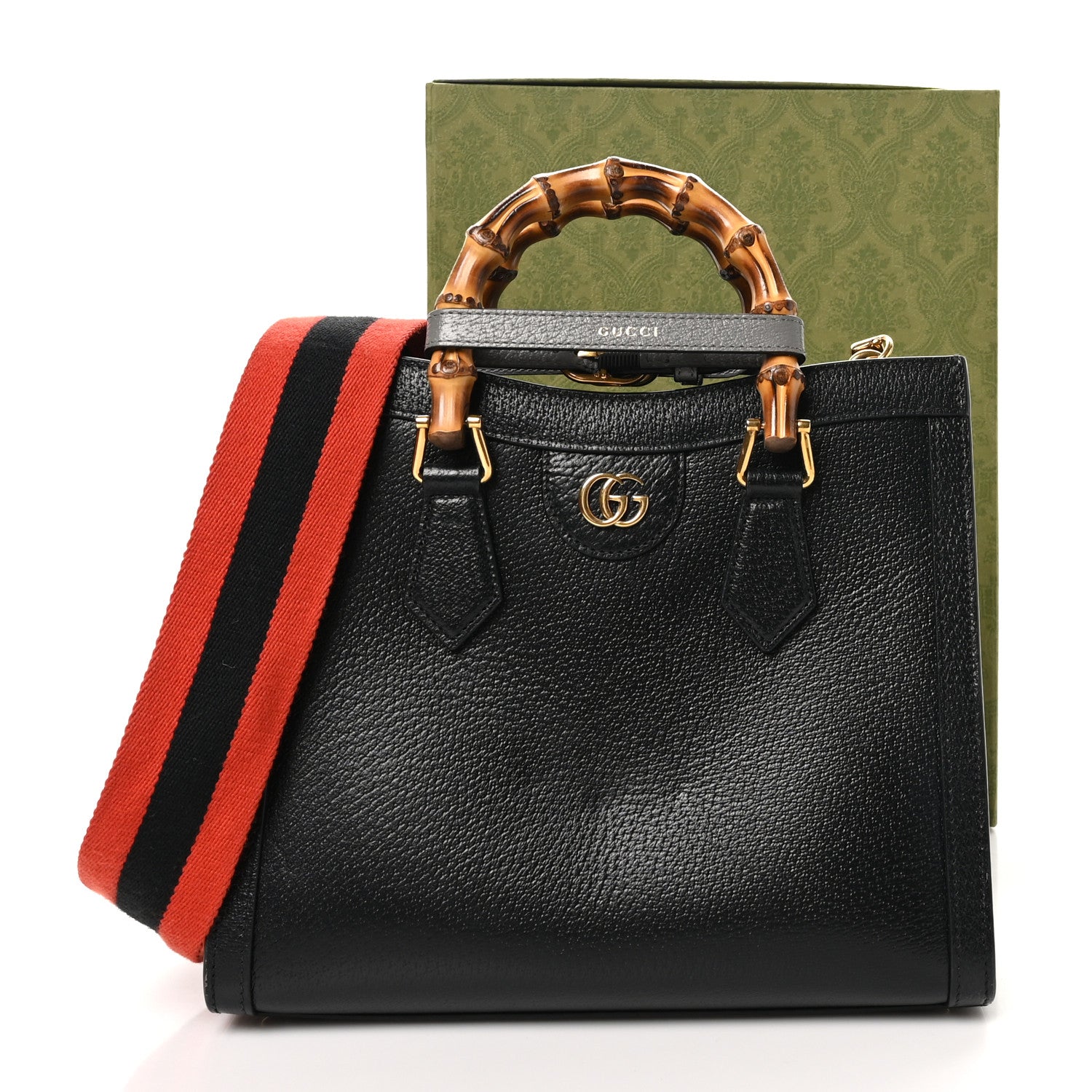 Gucci Textured Dollar Calfskin Web Small Diana Tote Bag Black Dusty Grey 11 of 11