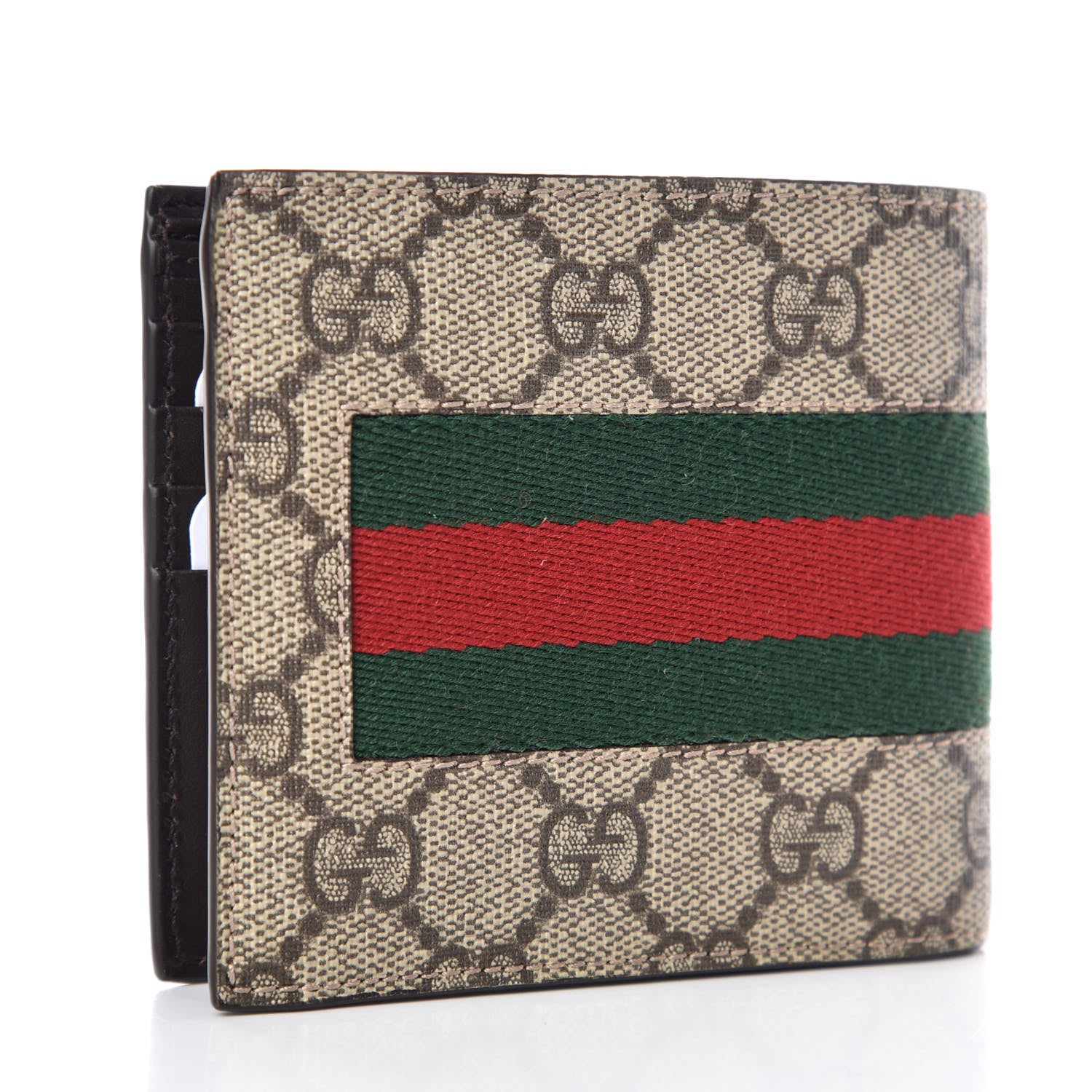 Gucci GG Supreme Monogram Selleria Calfskin Web New Web Bi-Fold Coin Wallet Beige Ebony Cocoa 3 of 8