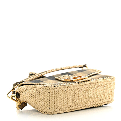 Fendi Fabric Jacquard Raffia Straw Pequin Gingham Woven Baguette Beige Black Natural 4 of 10
