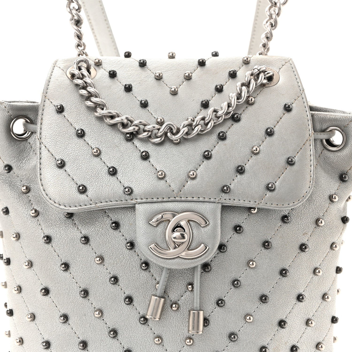 Chanel Metallic Lambskin Chevron Quilted Studded Stud Wars Backpack Silver