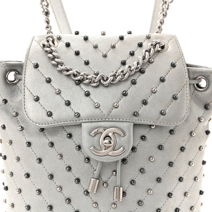Chanel Metallic Lambskin Chevron Quilted Studded Stud Wars Backpack Silver 8 of 11