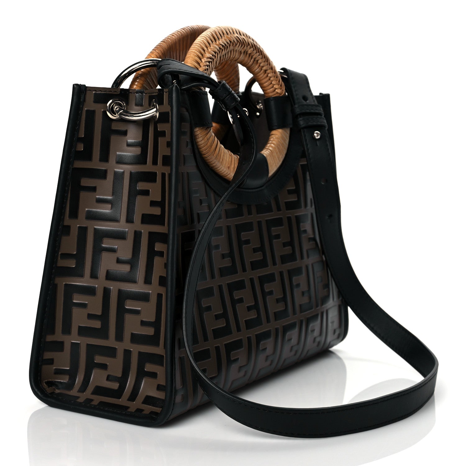 Fendi Vitello Century Wicker Bi-Color FF 1974 Embossed Small Runaway Shopper Tote Maya Black 3 of 10