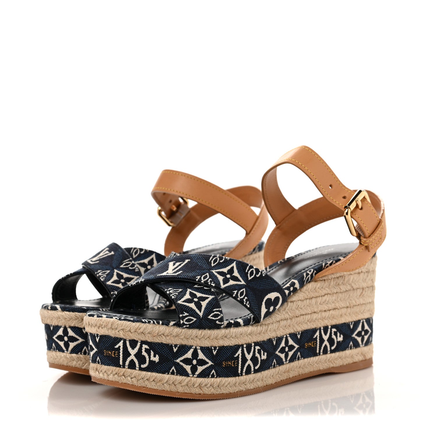 Louis Vuitton Jacquard Calfskin Since 1854 Boundary Wedge Sandals 37 Blue 3 of 7