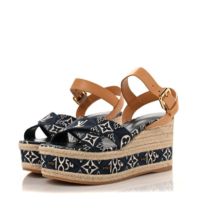 Louis Vuitton Jacquard Calfskin Since 1854 Boundary Wedge Sandals 37 Blue 3 of 7