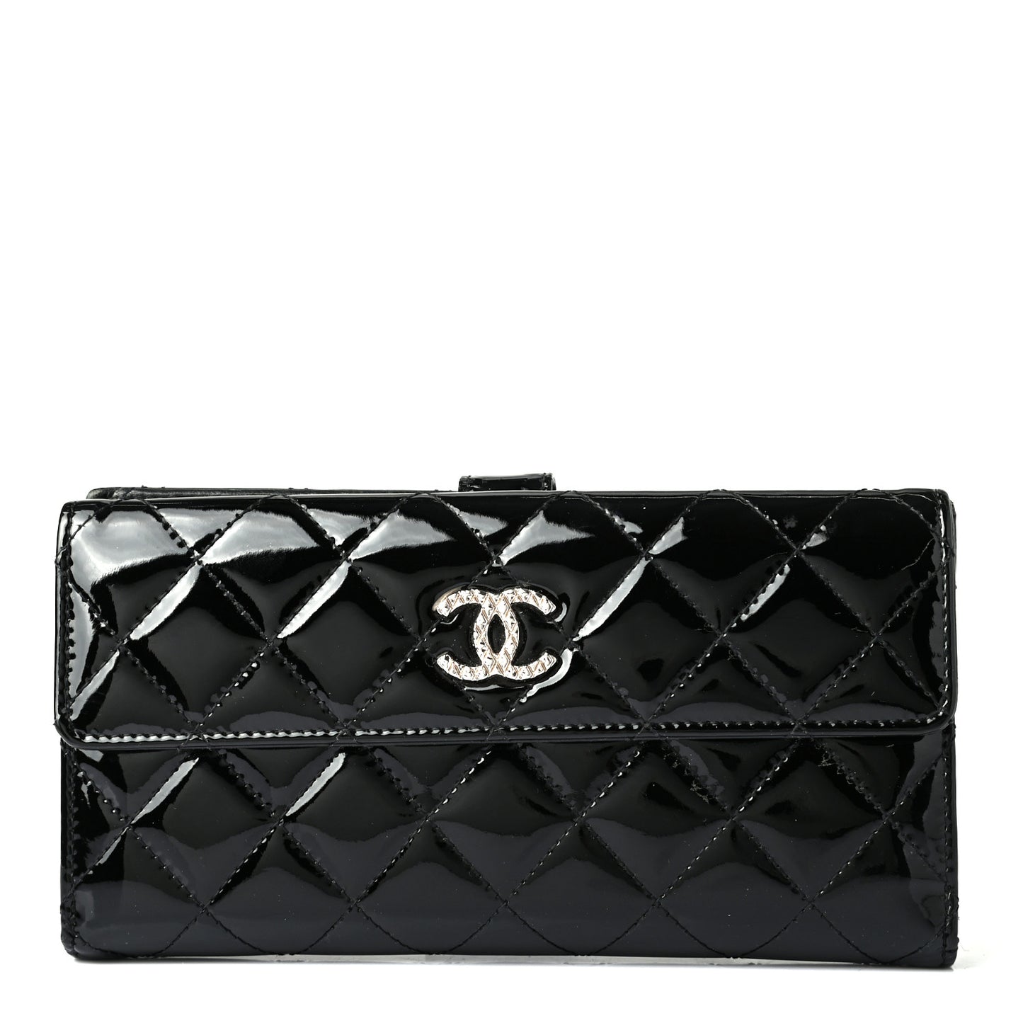 Patent Quilted Large Brilliant Flap Wallet Black
