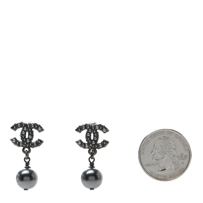 Chanel Crystal Pearl CC Drop Earrings Ruthenium 2 of 4