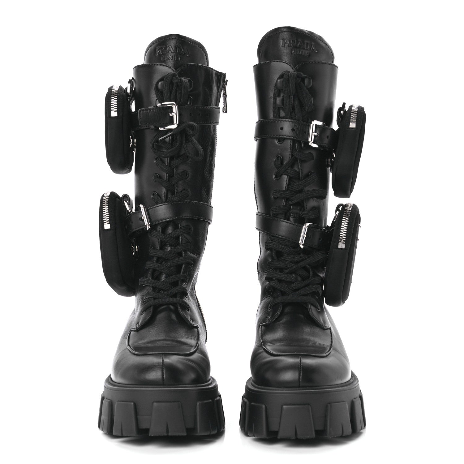 Prada Vitello Lux Nylon Metal Triangle Logo Monolith Pouch Pocket 55mm Tall Combat Boots 40 Black 2 of 10