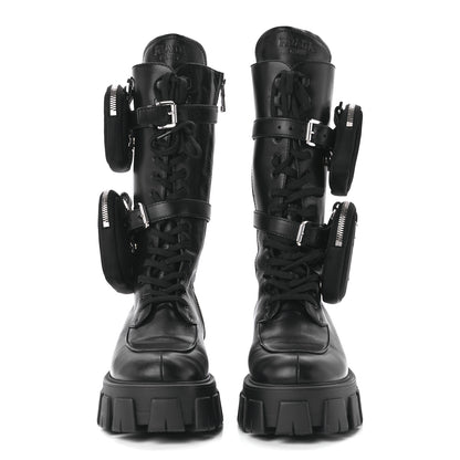 Prada Vitello Lux Nylon Metal Triangle Logo Monolith Pouch Pocket 55mm Tall Combat Boots 40 Black 2 of 10