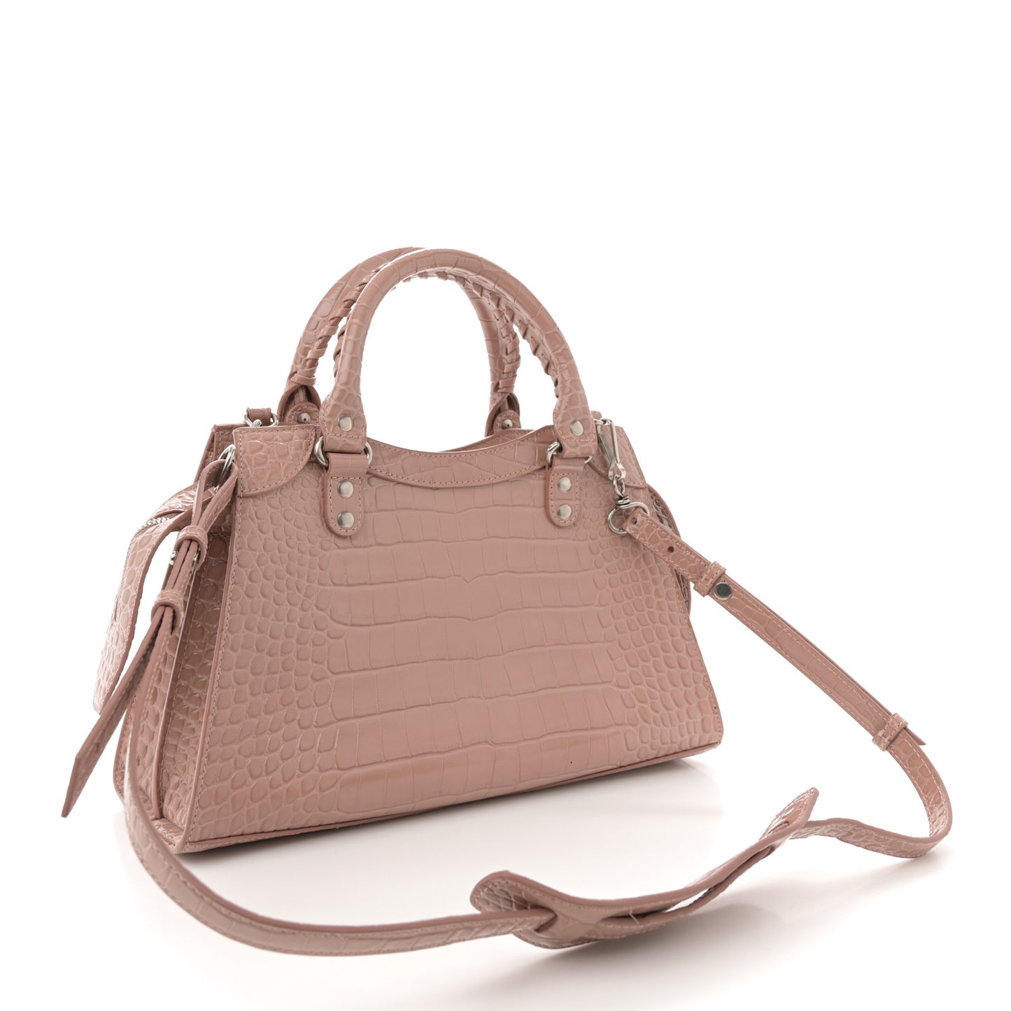 Shiny Supple Calfskin Crocodile Embossed Neo Classic Silver Hardware S City Nude Beige