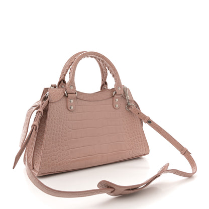 Balenciaga Shiny Supple Calfskin Crocodile Embossed Neo Classic Silver Hardware S City Nude Beige 3 of 13