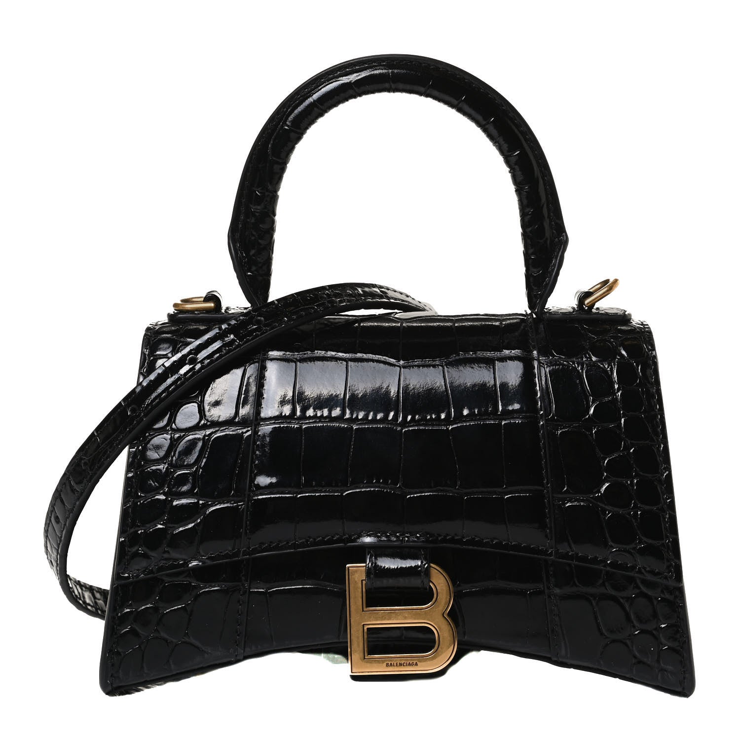 Balenciaga Shiny Calfskin Crocodile Embossed Hourglass Top Handle Bag XS Black 1 of 13