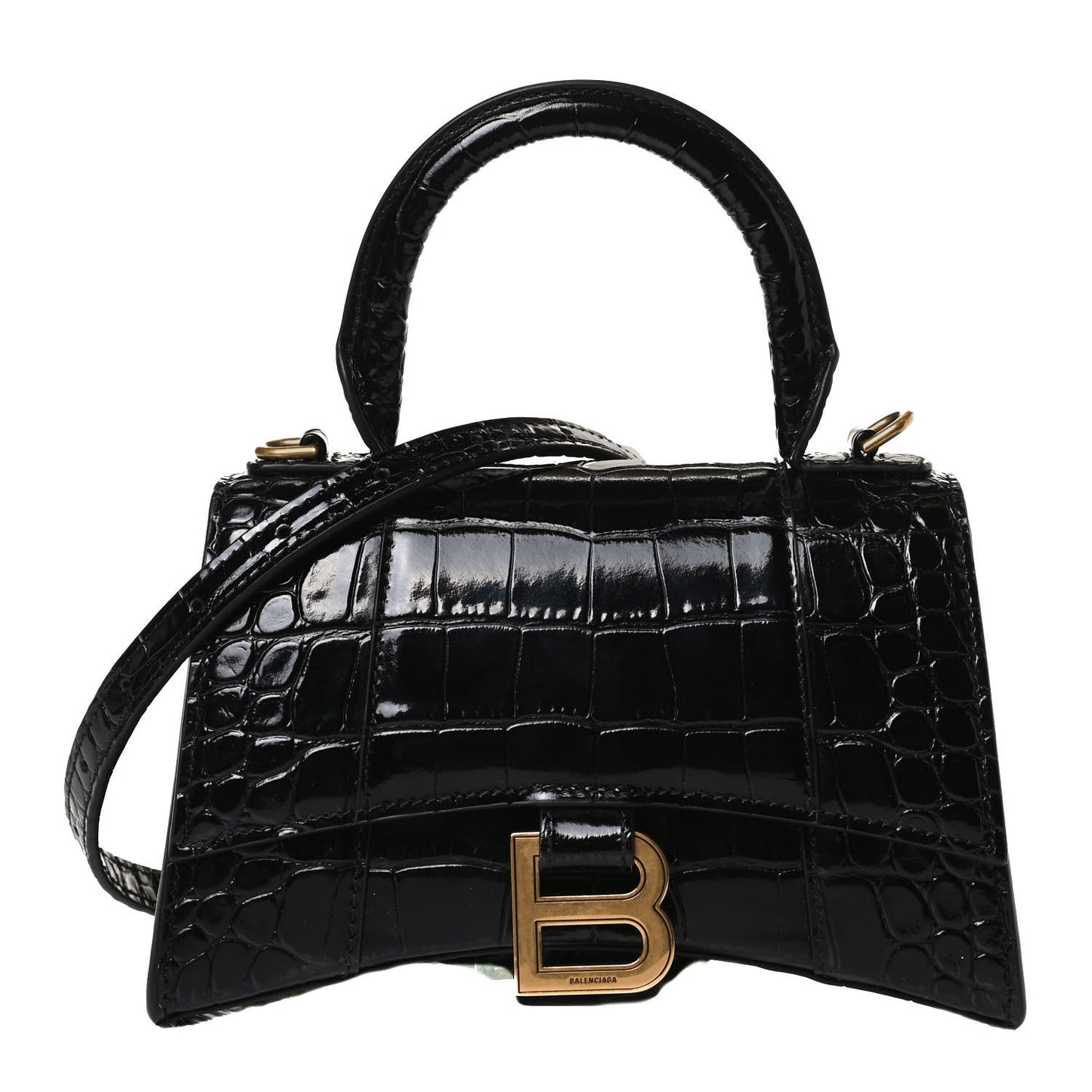 Shiny Calfskin Crocodile Embossed Hourglass Top Handle Bag XS Black