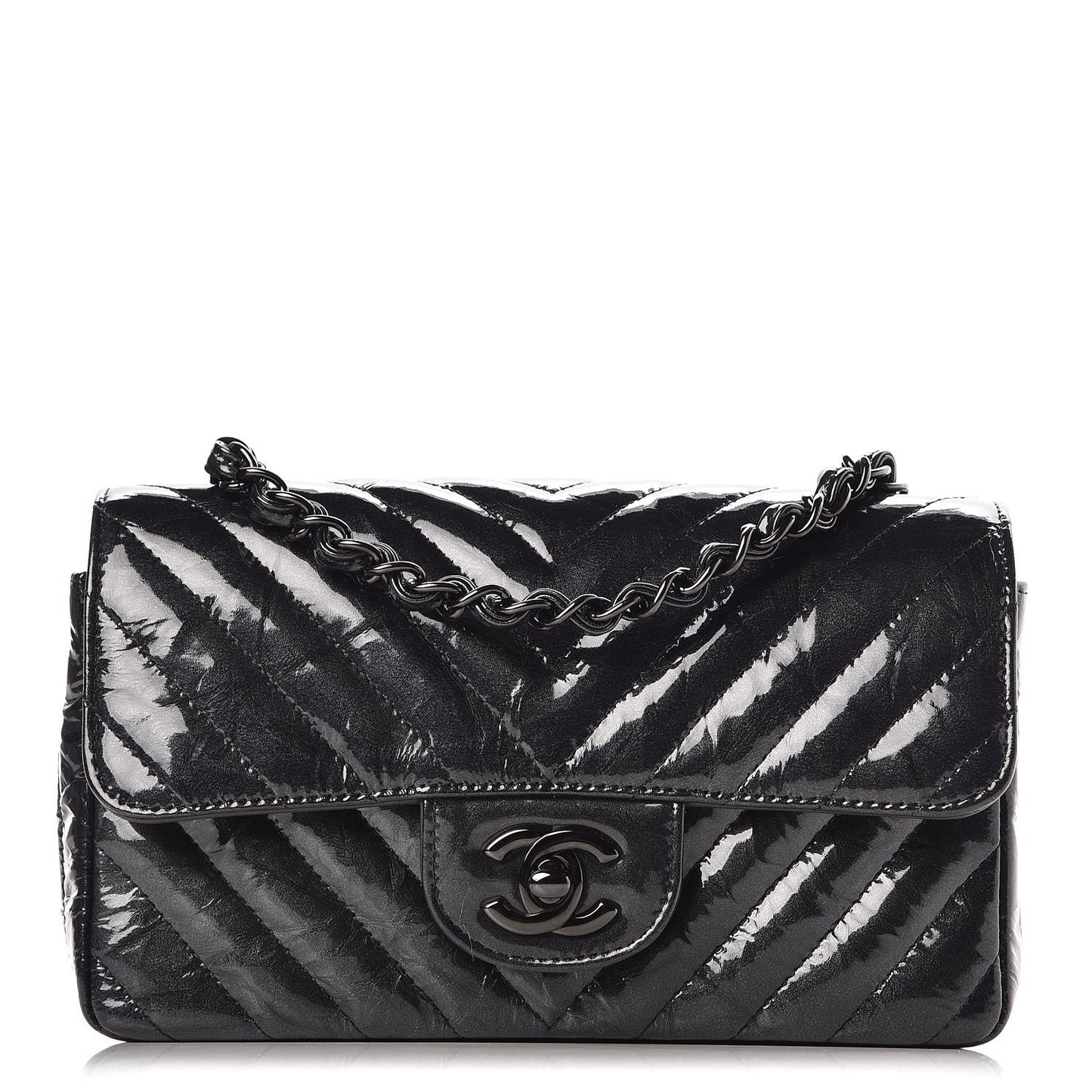 Patent Metallic Crumpled Calfskin Chevron Quilted Mini Rectangular Flap So Black