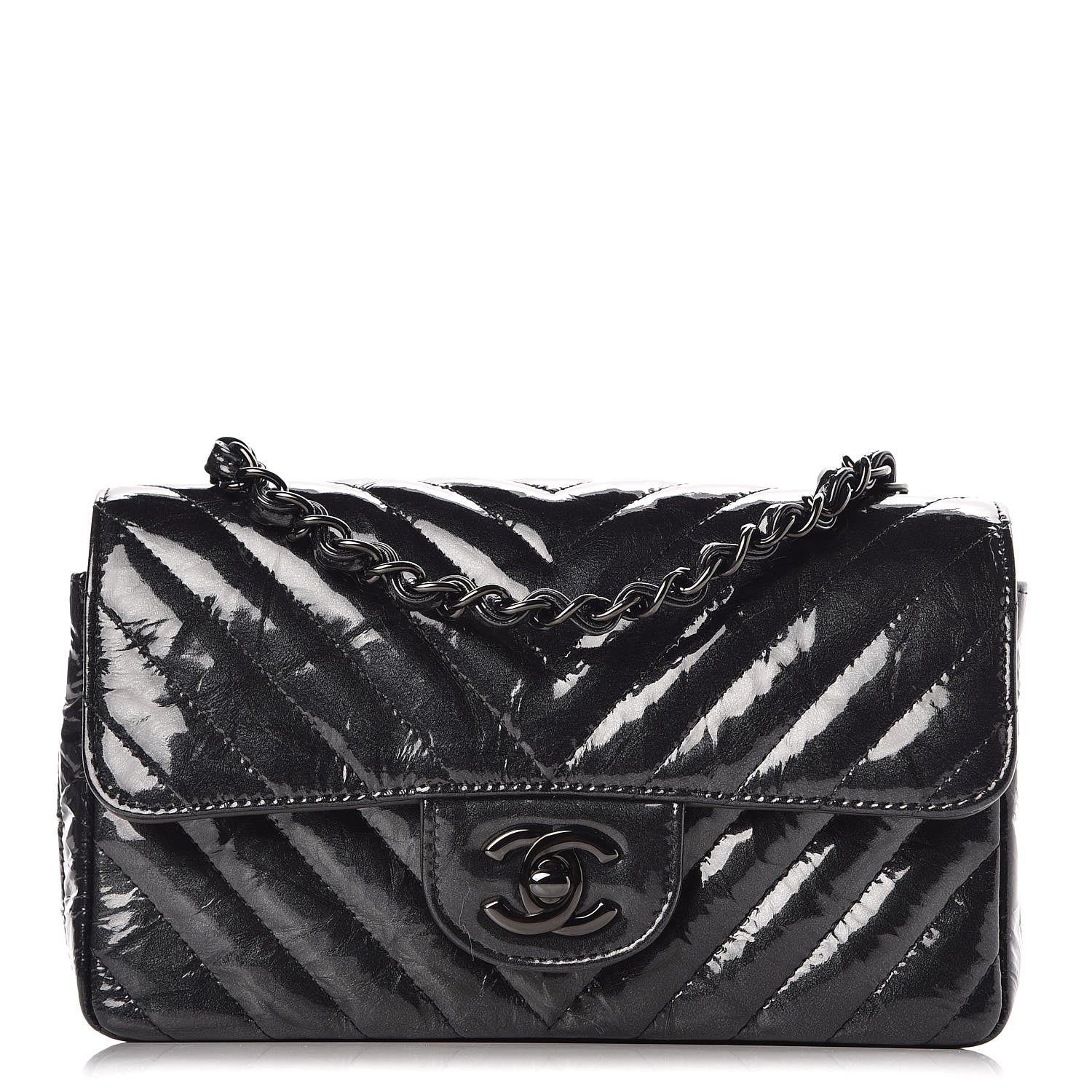 Chanel Patent Metallic Crumpled Calfskin Chevron Quilted Mini Rectangular Flap So Black 1 of 7