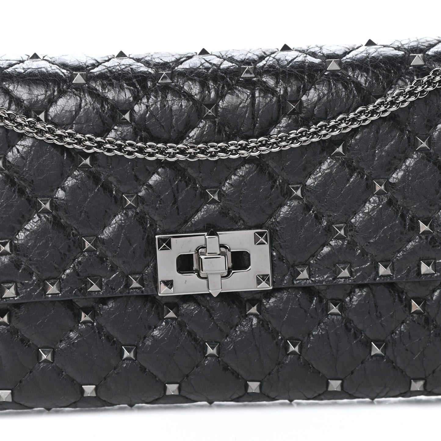 Craquele Nappa Rockstud Spike Wallet on Chain Black