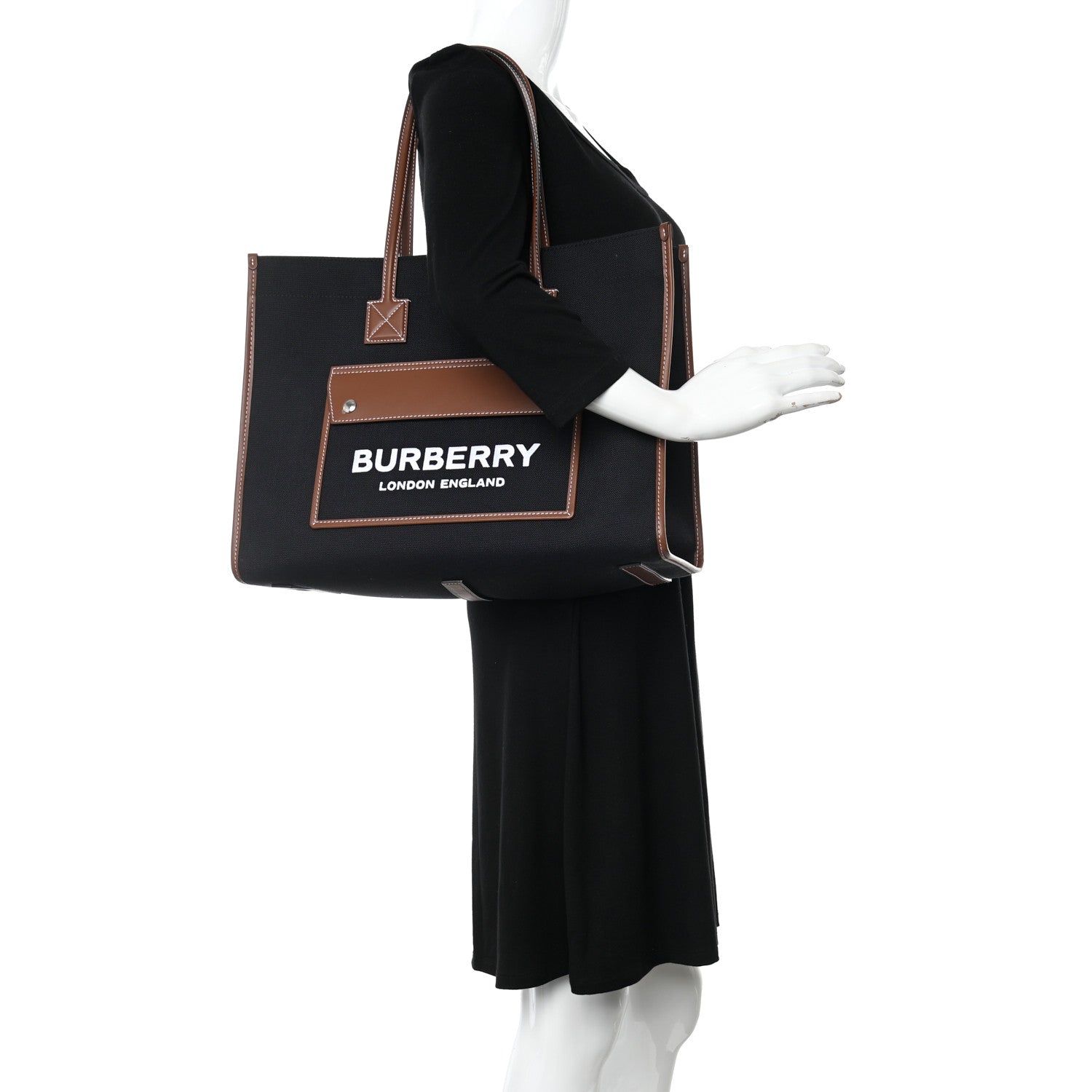 Burberry Canvas Smooth Calfskin Medium Two Tone Freya Tote Black Tan 2 of 18