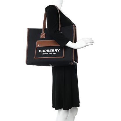 Burberry Canvas Smooth Calfskin Medium Two Tone Freya Tote Black Tan 2 of 18