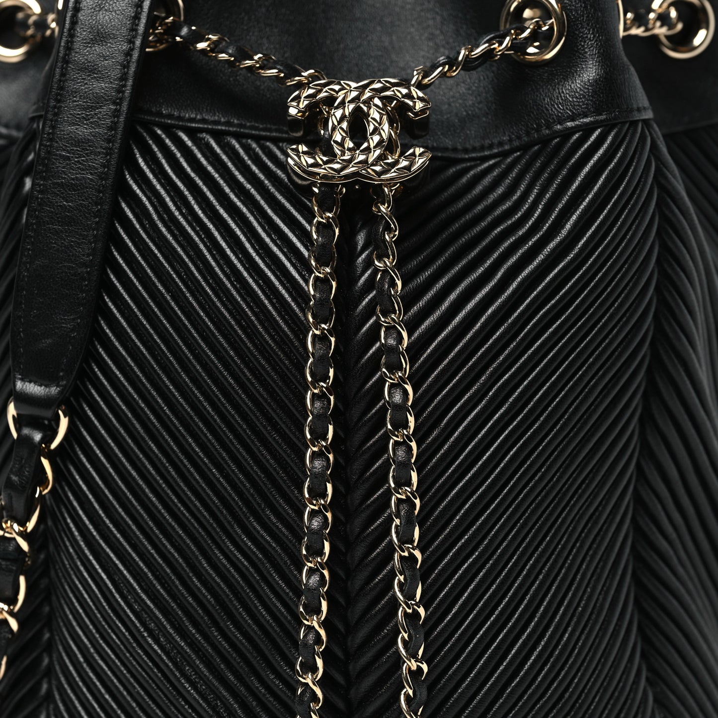 Lambskin Chevron Drawstring Bag Black