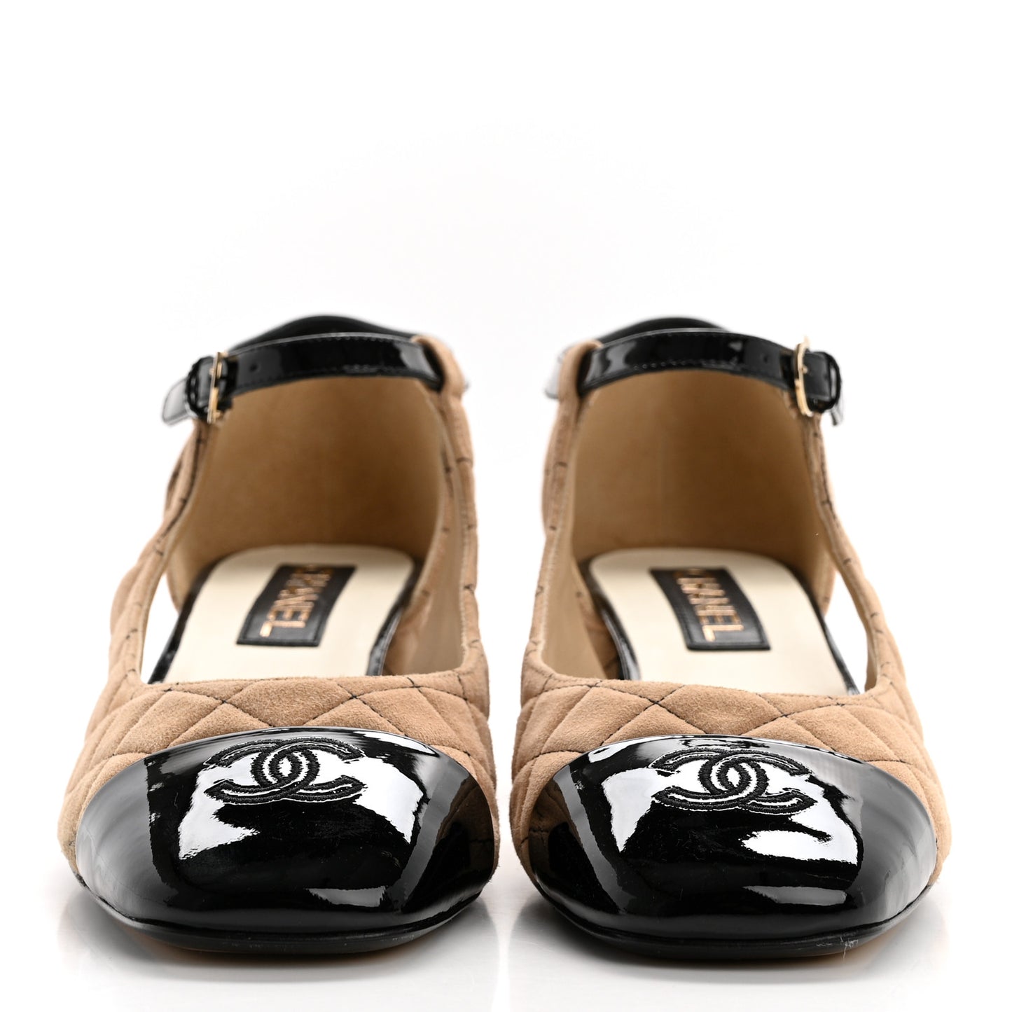 Suede Kidskin Patent Cap Toe Quilted Mary Jane Flats 41 Beige Black
