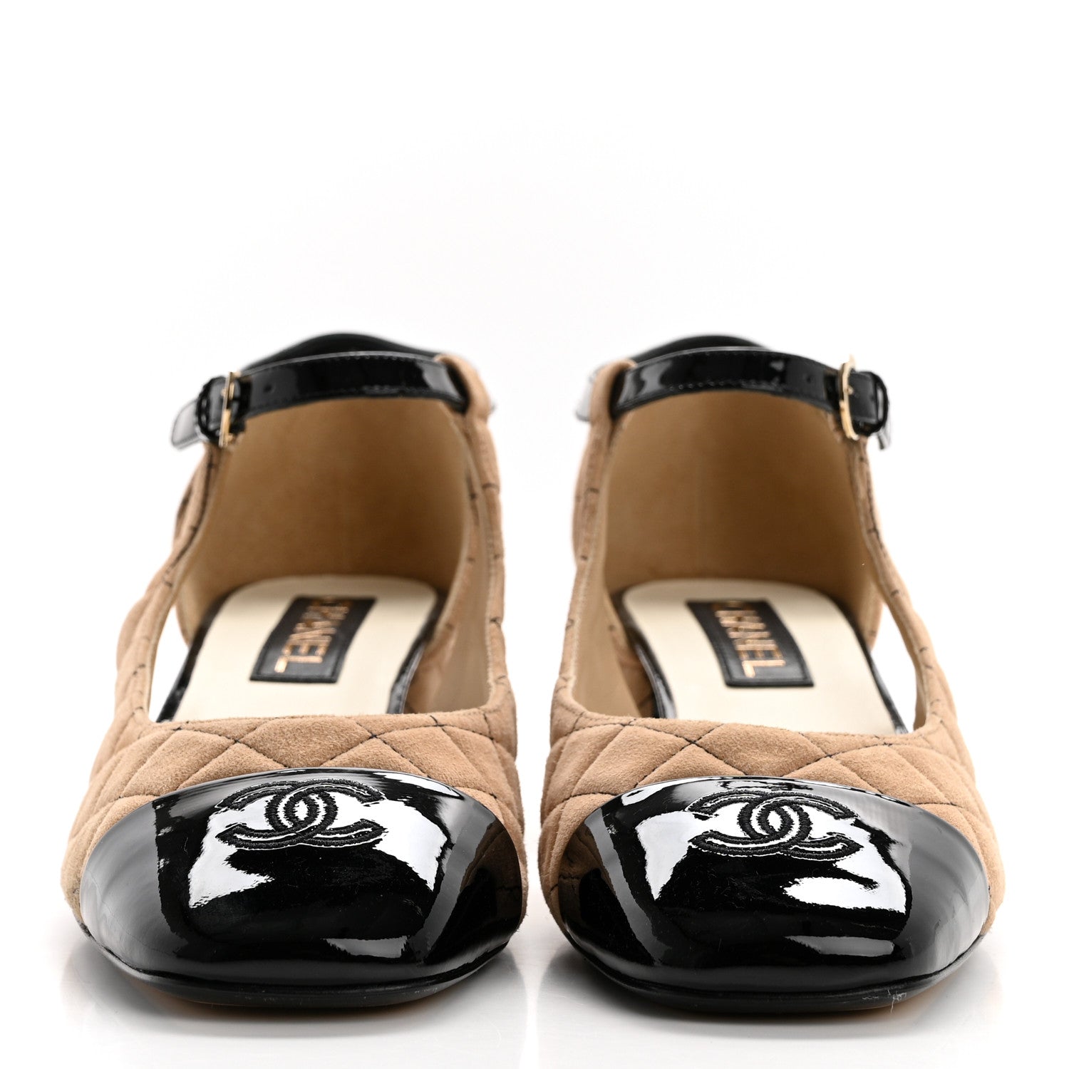 Chanel Suede Kidskin Patent Cap Toe Quilted Mary Jane Flats 41 Beige Black 2 of 10