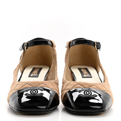 Chanel Suede Kidskin Patent Cap Toe Quilted Mary Jane Flats 41 Beige Black 2 of 10
