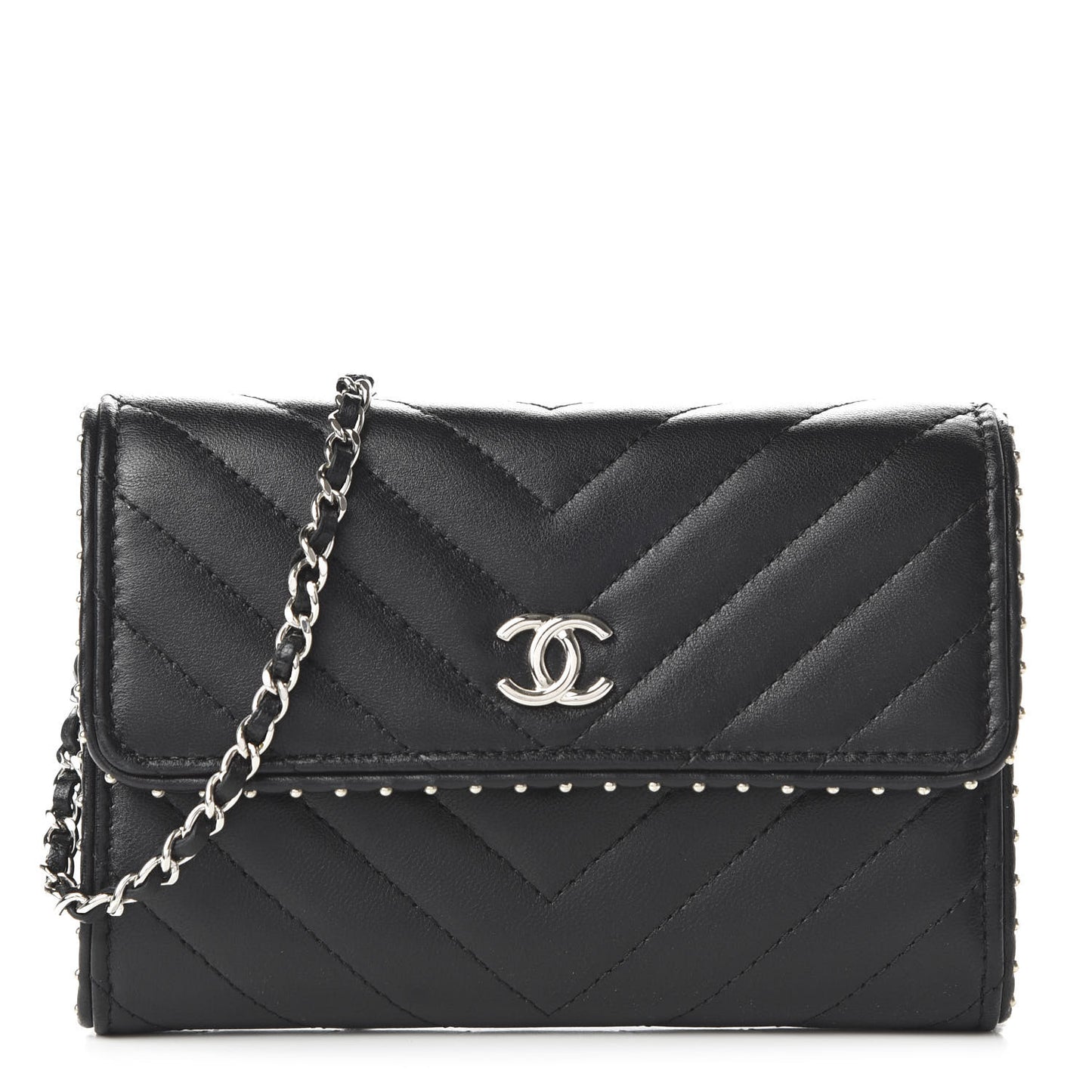 Lambskin Chevron Quilted Studded Clutch With Chain WOC Black