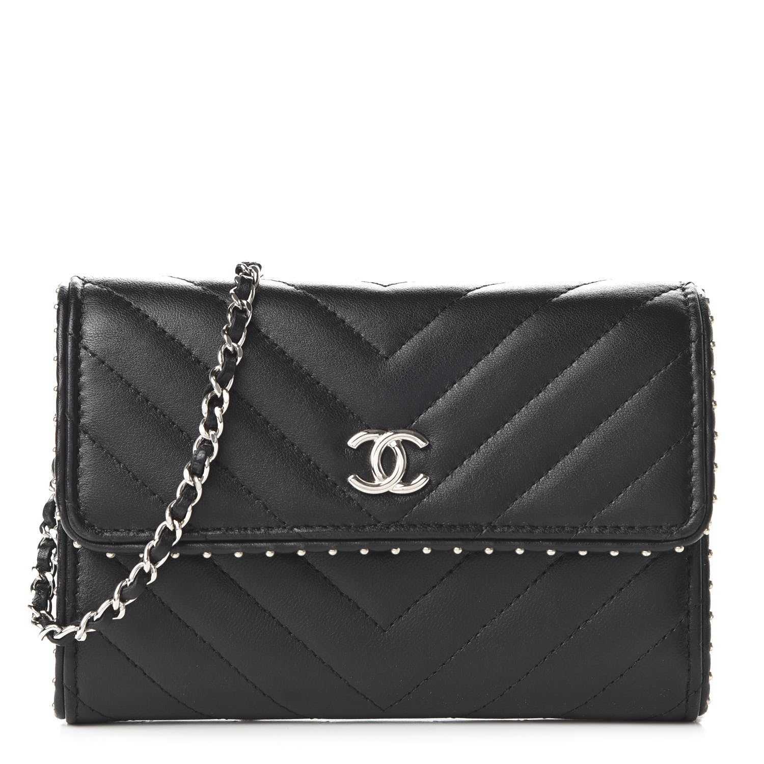 Chanel Lambskin Chevron Quilted Studded Clutch With Chain WOC Black 1 of 11