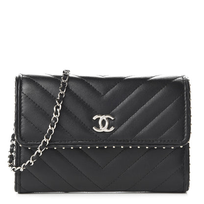 Chanel Lambskin Chevron Quilted Studded Clutch With Chain WOC Black 1 of 11