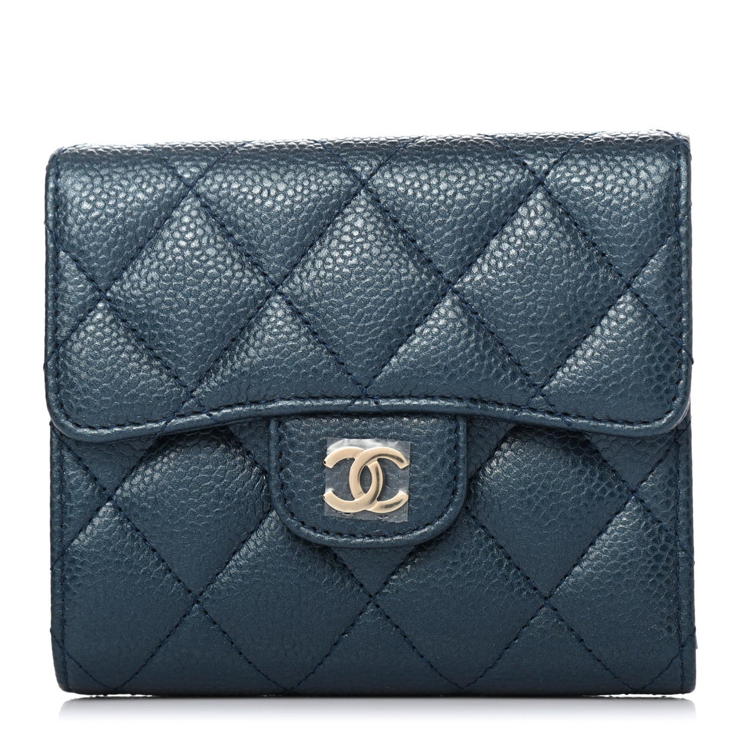 Metallic Caviar Quilted Compact Flap Wallet Navy