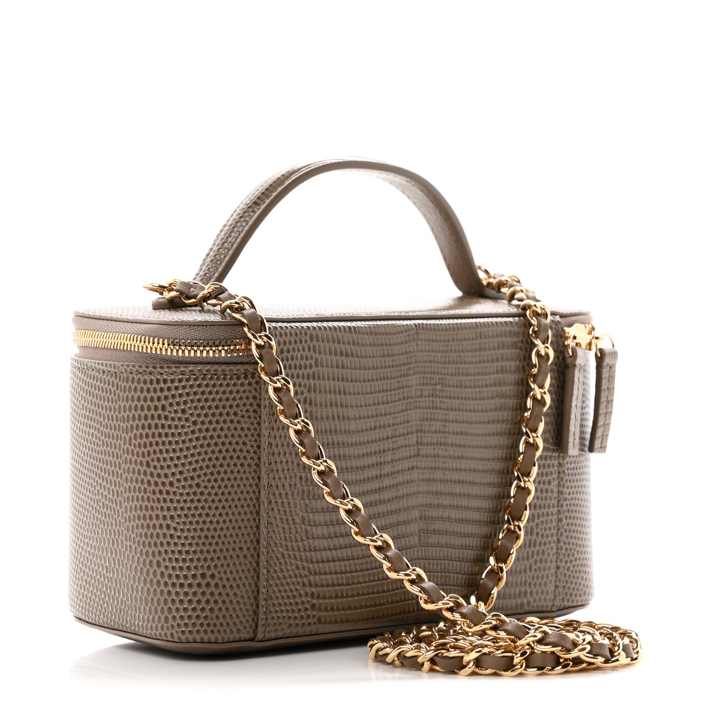 Calfskin Lizard Embossed Top Handle Vanity With Chain Dark Khaki