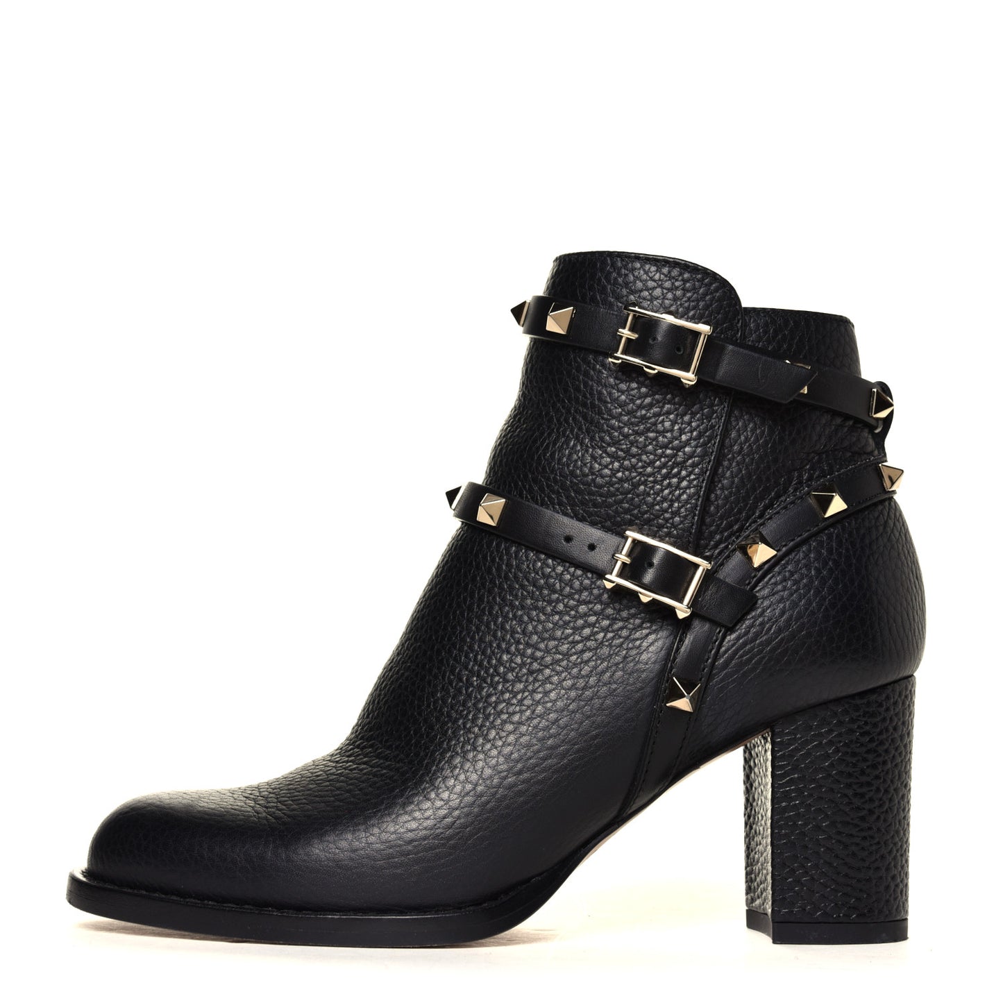 Pebbled Calfskin Rockstud Double Buckle 70mm Block Heel Ankle Boots 36 Black