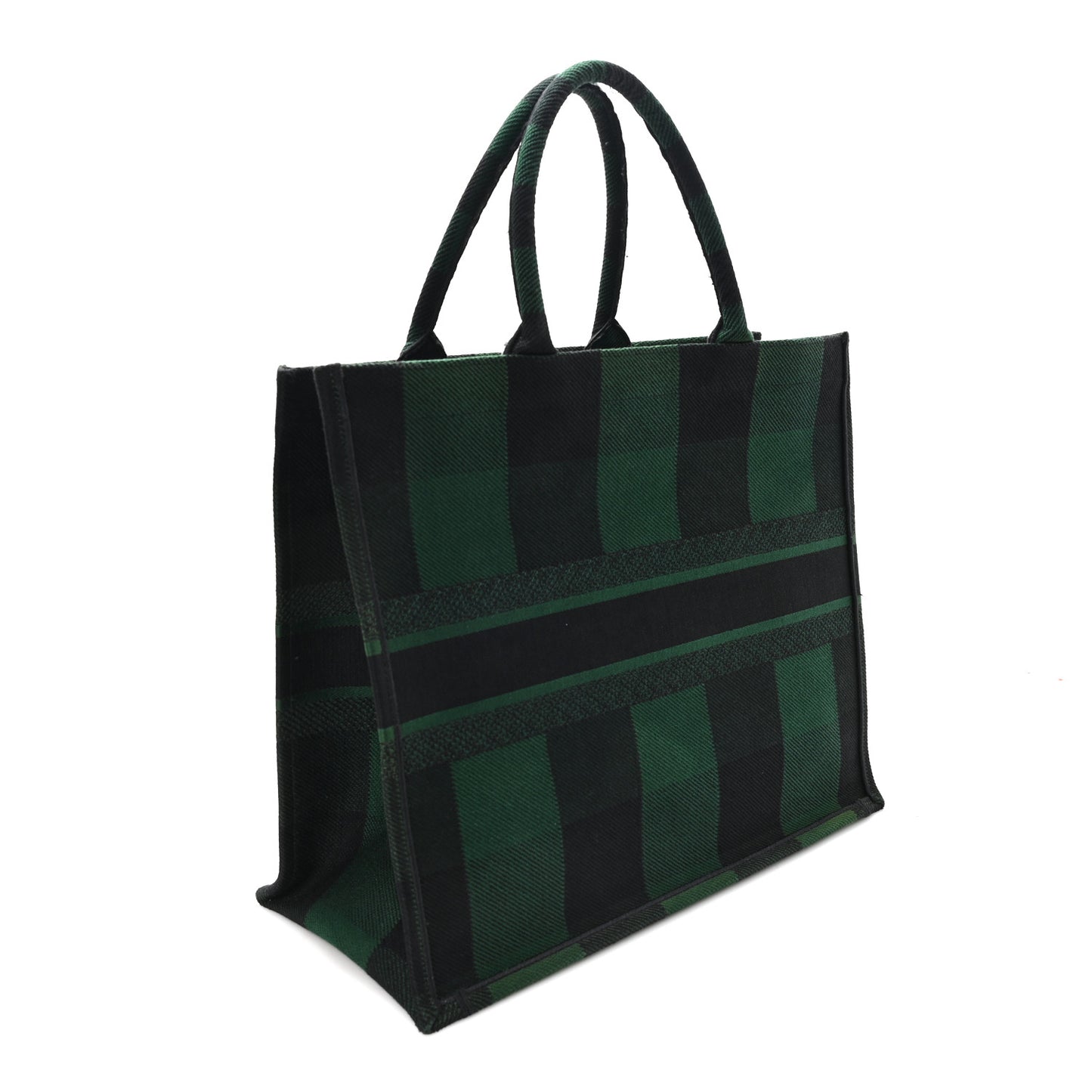 Canvas Embroidered Large Checkered Book Tote Black Green