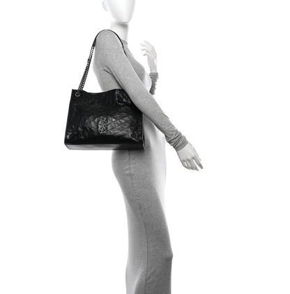 Saint Laurent Crinkled Calfskin Matelasse Monogram Medium Niki Shopper Tote Black 2 of 12