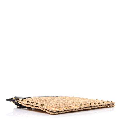 Valentino Garavani Raffia Calfskin Small Rockstud Zip Pouch Naturale Black 4 of 10
