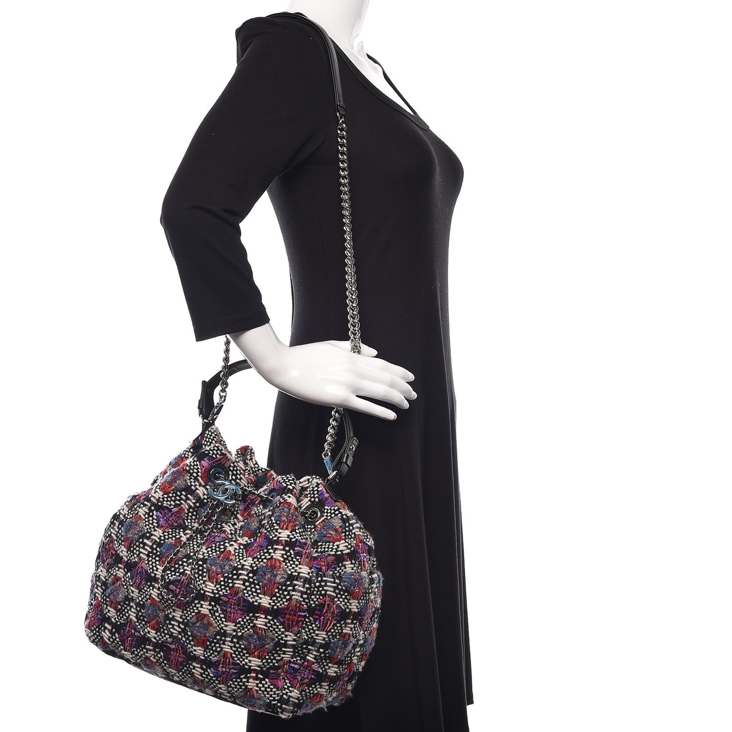 Tweed Calfskin Medium CC Chain Drawstring Tote Black Multicolor