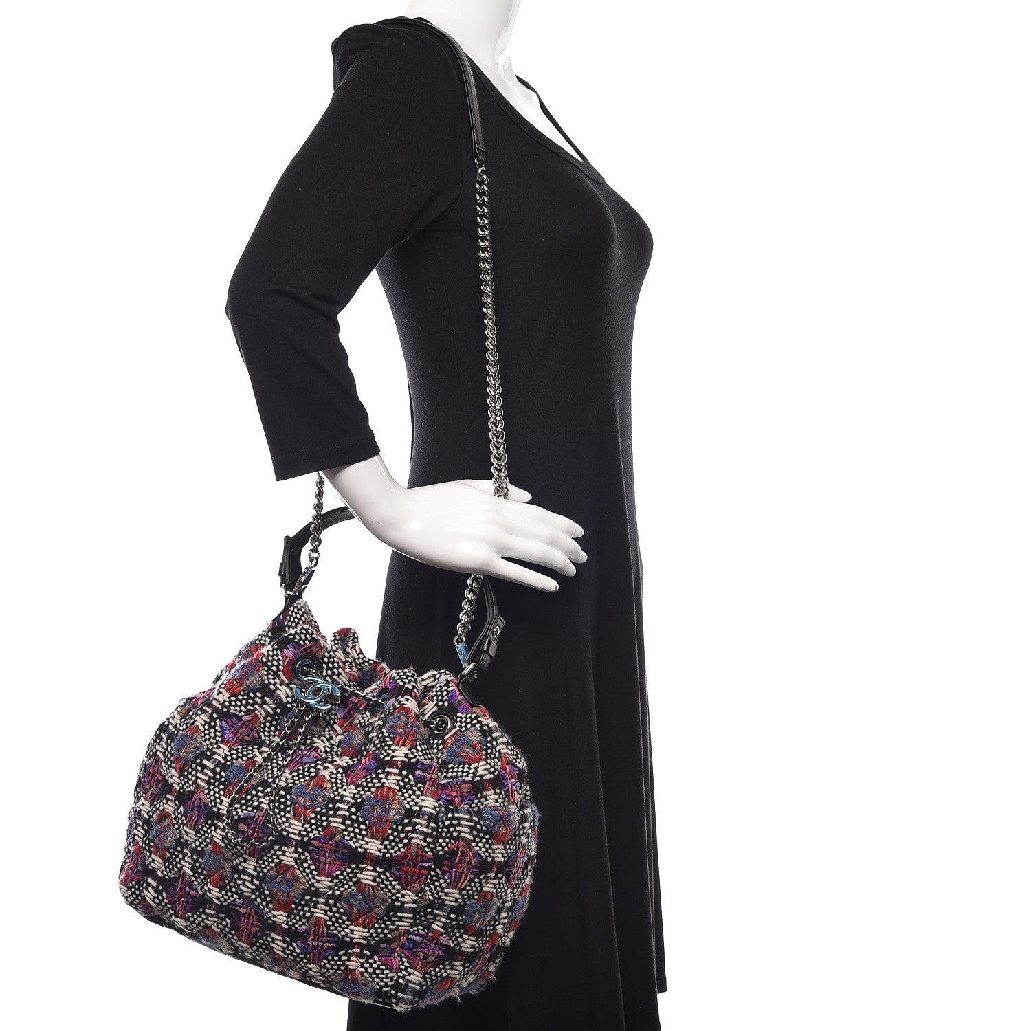 Chanel Tweed Calfskin Medium CC Chain Drawstring Tote Black Multicolor 2 of 11