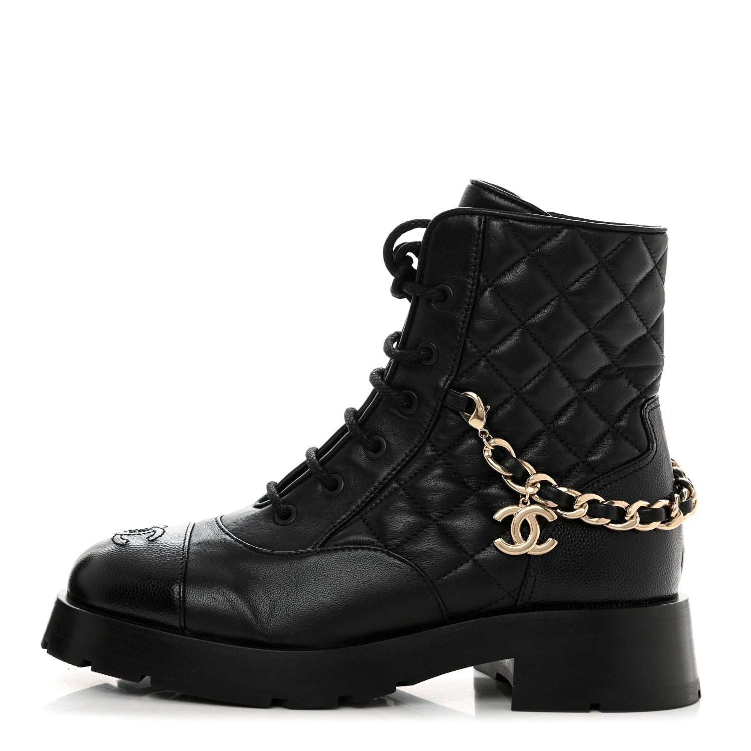 Chanel Shiny Calfskin Patent Quilted Chain Lace Up Combat Boots 36 Black 1 of 8