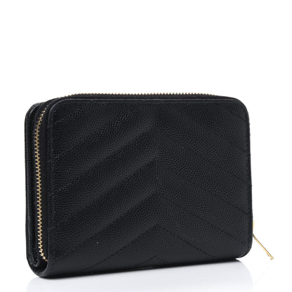 Saint Laurent Grain De Poudre Matelasse Chevron Monogram Compact Zip Around Wallet Black 2 of 5